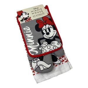 New Disney MINNIE MOUSE 3PC Kitchen Towel Oven Mitt Pot Holder Set Bow‎ Ears